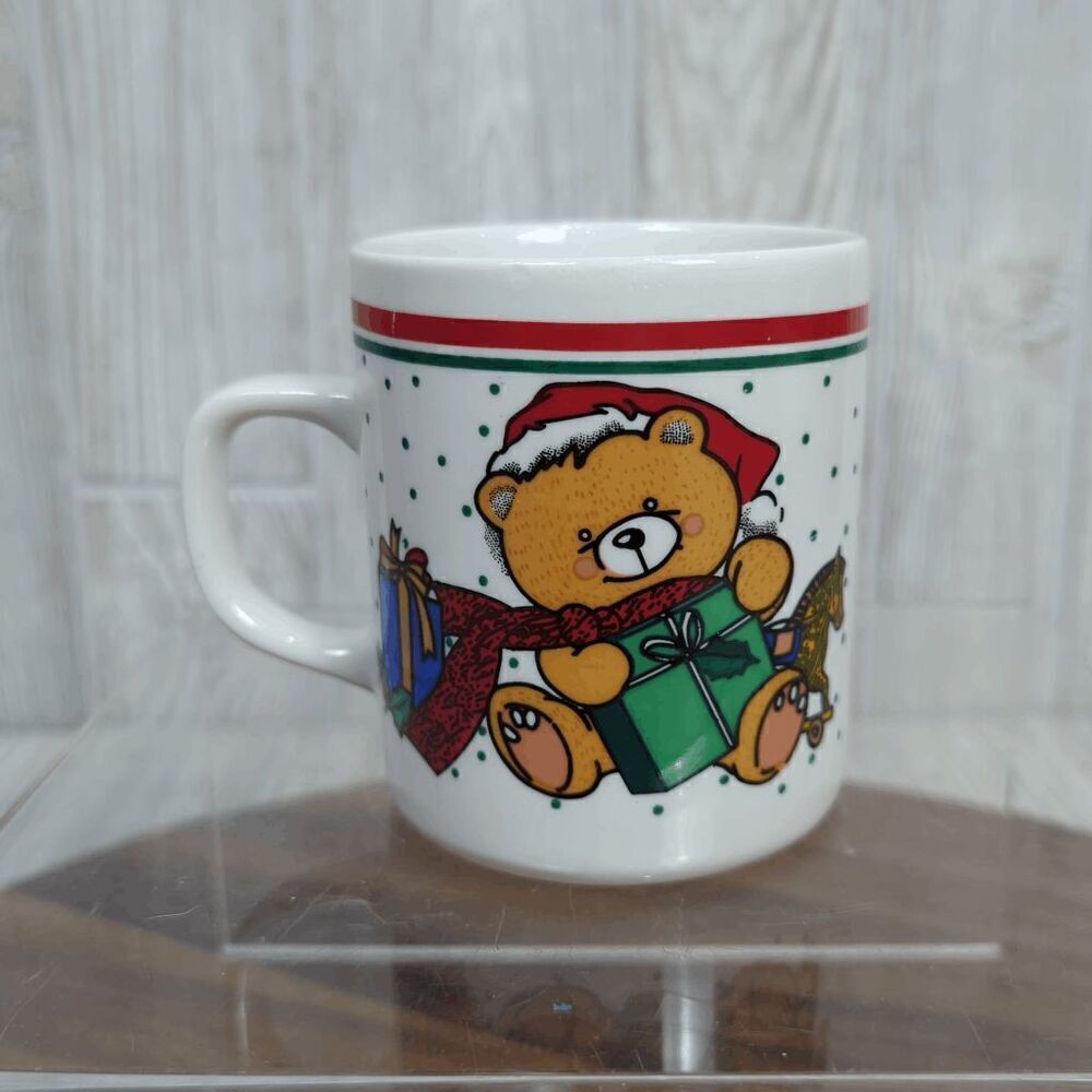 Vintage Christmas Teddy Ceramic Coffee Mug w/ Santa “D” Handle